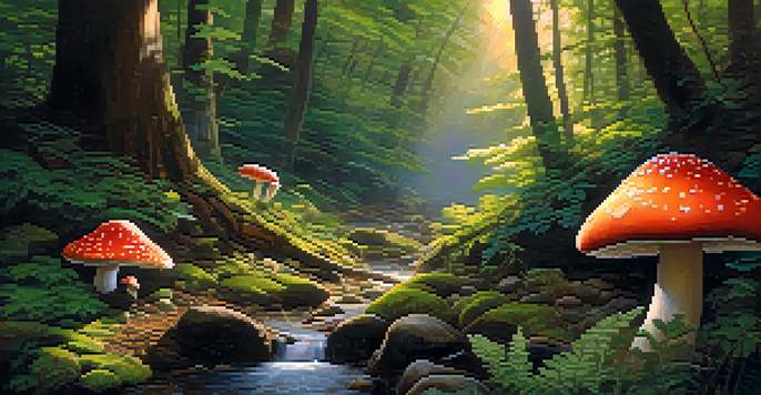 A tranquil forest scene with colorful mushrooms and a flowing stream, illuminated by soft sunlight.