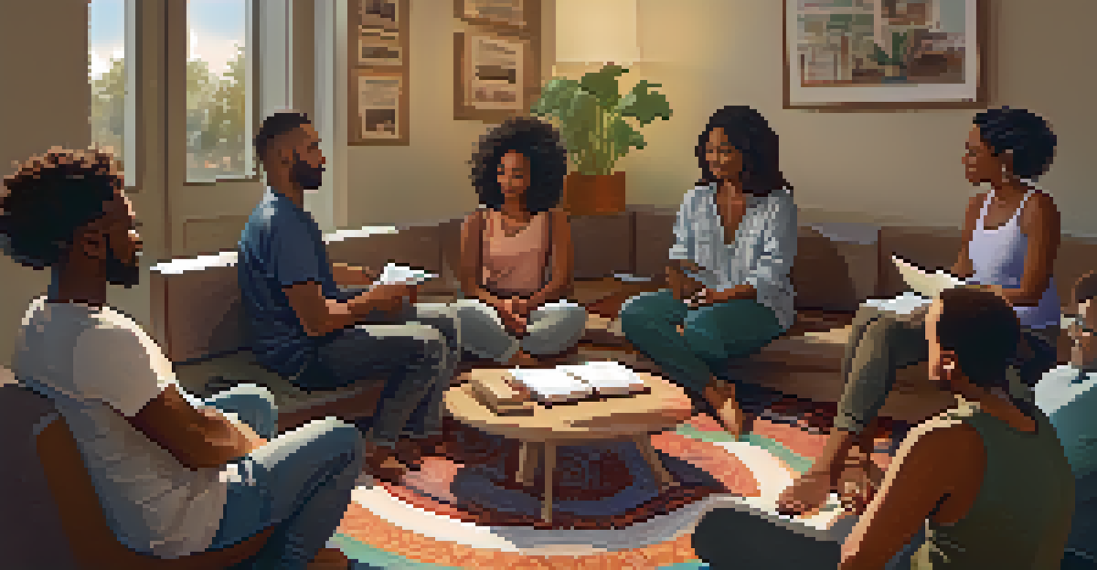 A diverse group of people in a circle sharing their journal insights in a warm, inviting community space.