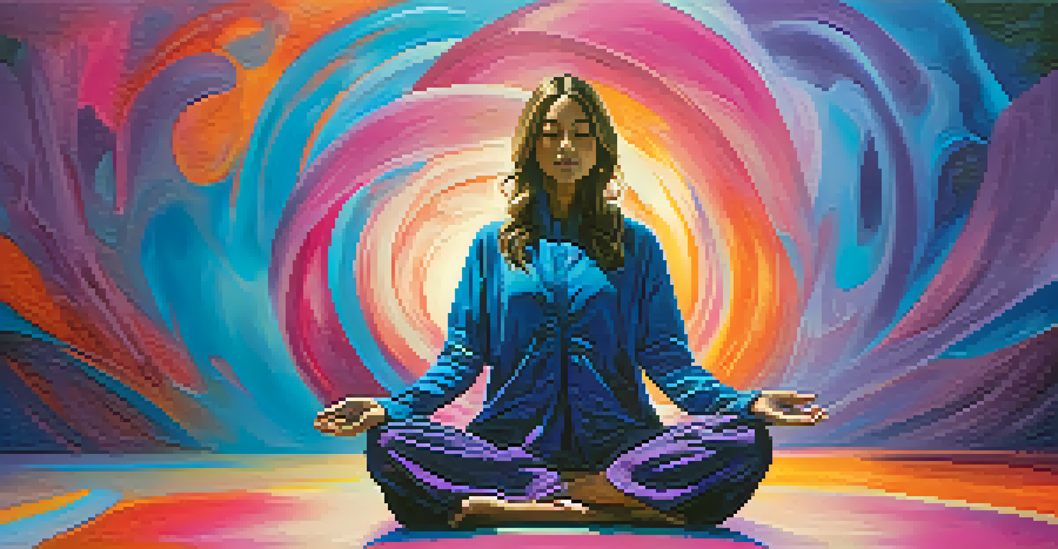 A person meditating surrounded by swirling colorful abstract shapes, symbolizing healing and transformation.