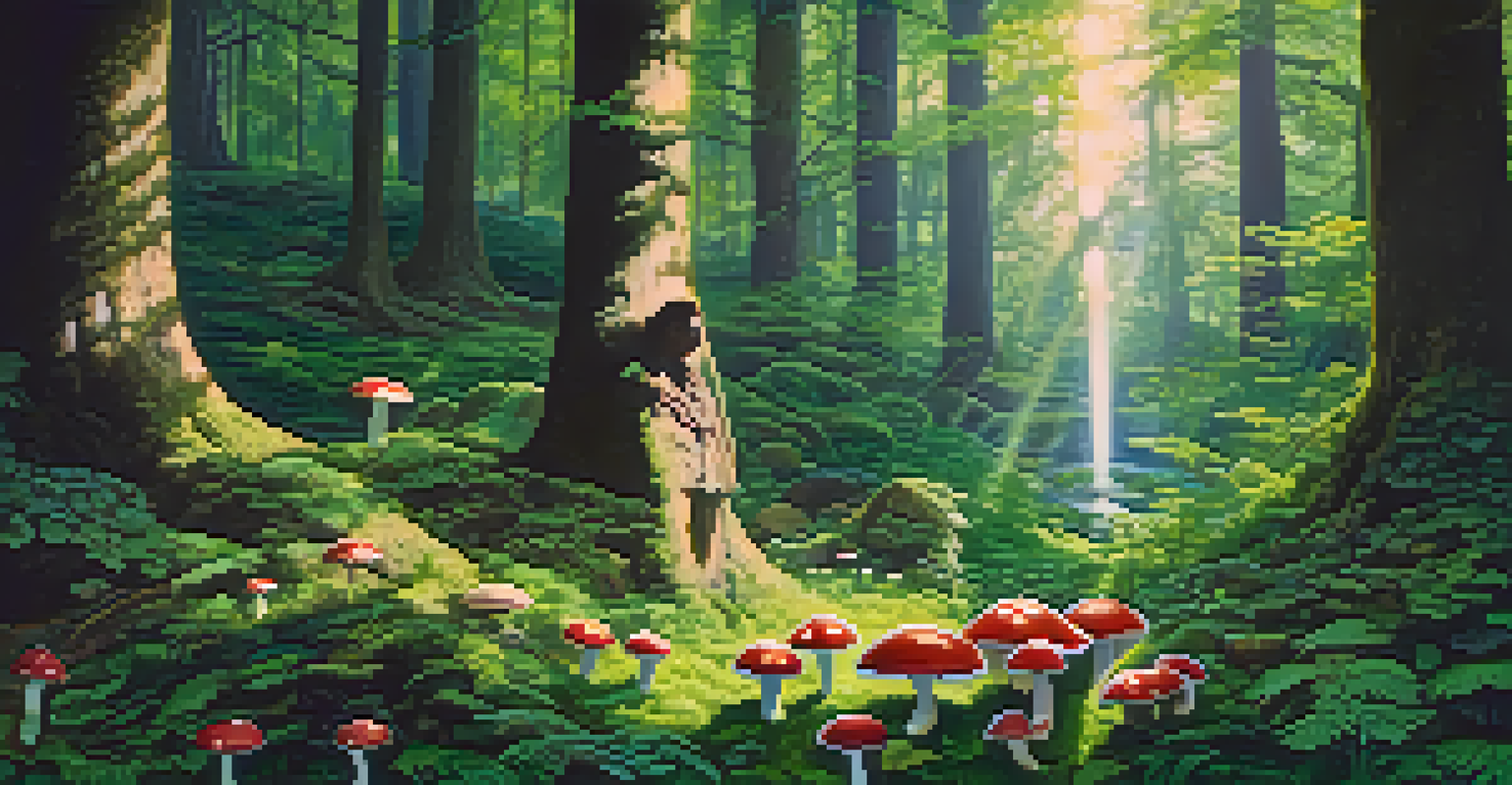 A person meditating in a green forest surrounded by mushrooms, with sunlight filtering through the trees.