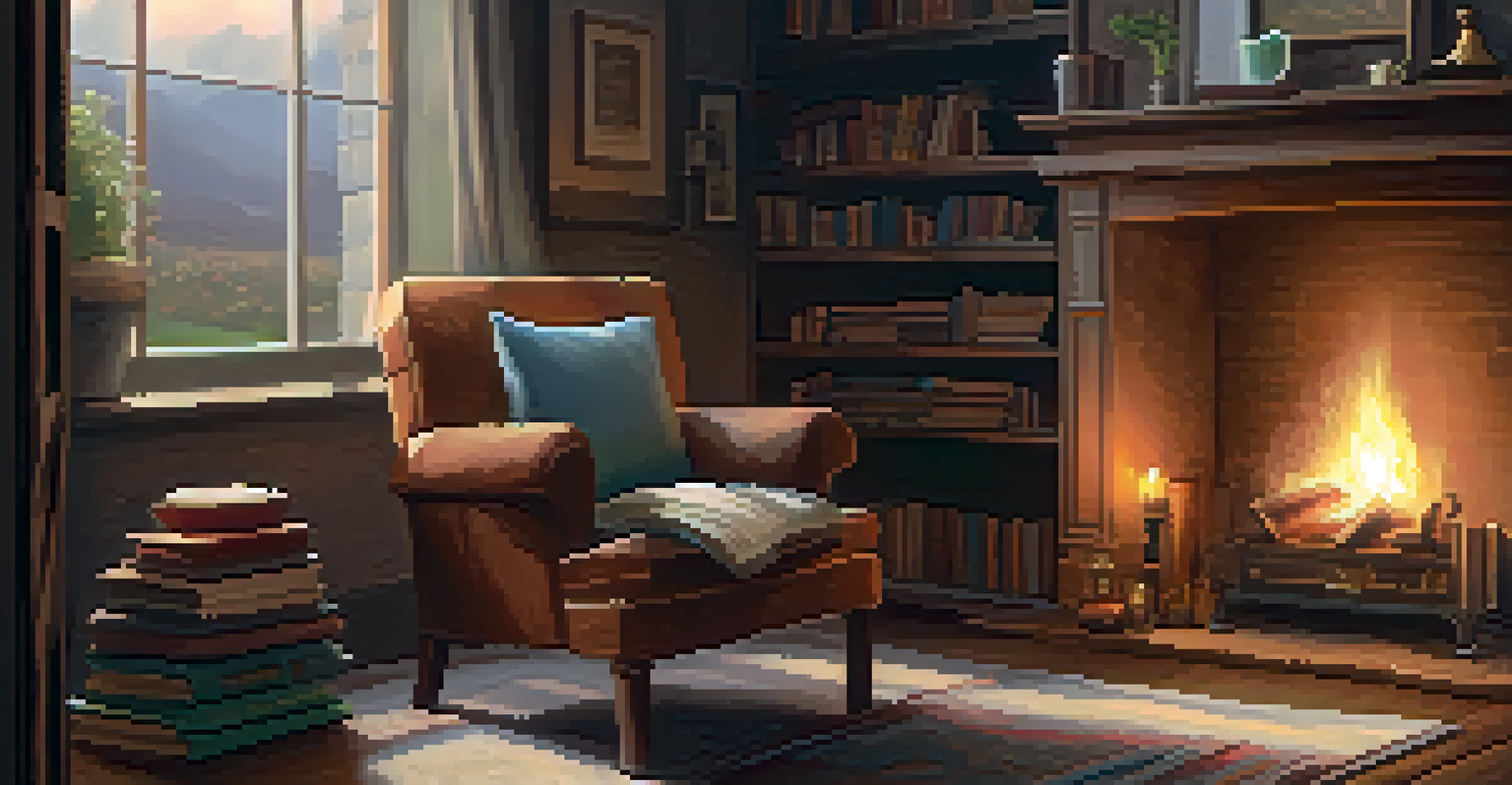 A cozy indoor reading nook with a warm fireplace, plush cushions, a vintage armchair, and a cup of tea on a table.
