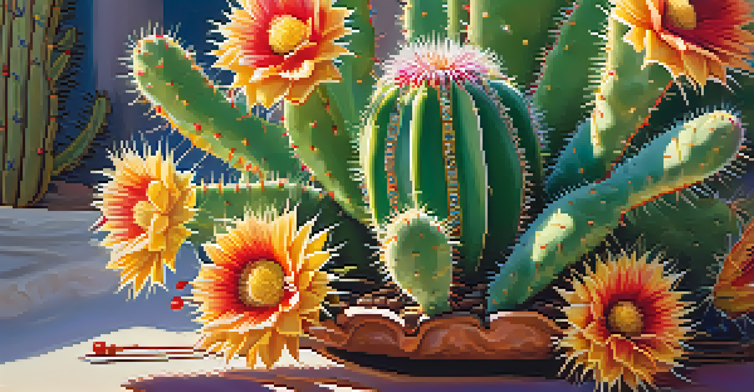 A close-up view of a peyote cactus with colorful flowers in a ceremonial setting, highlighting its intricate details and the warm light of the environment.