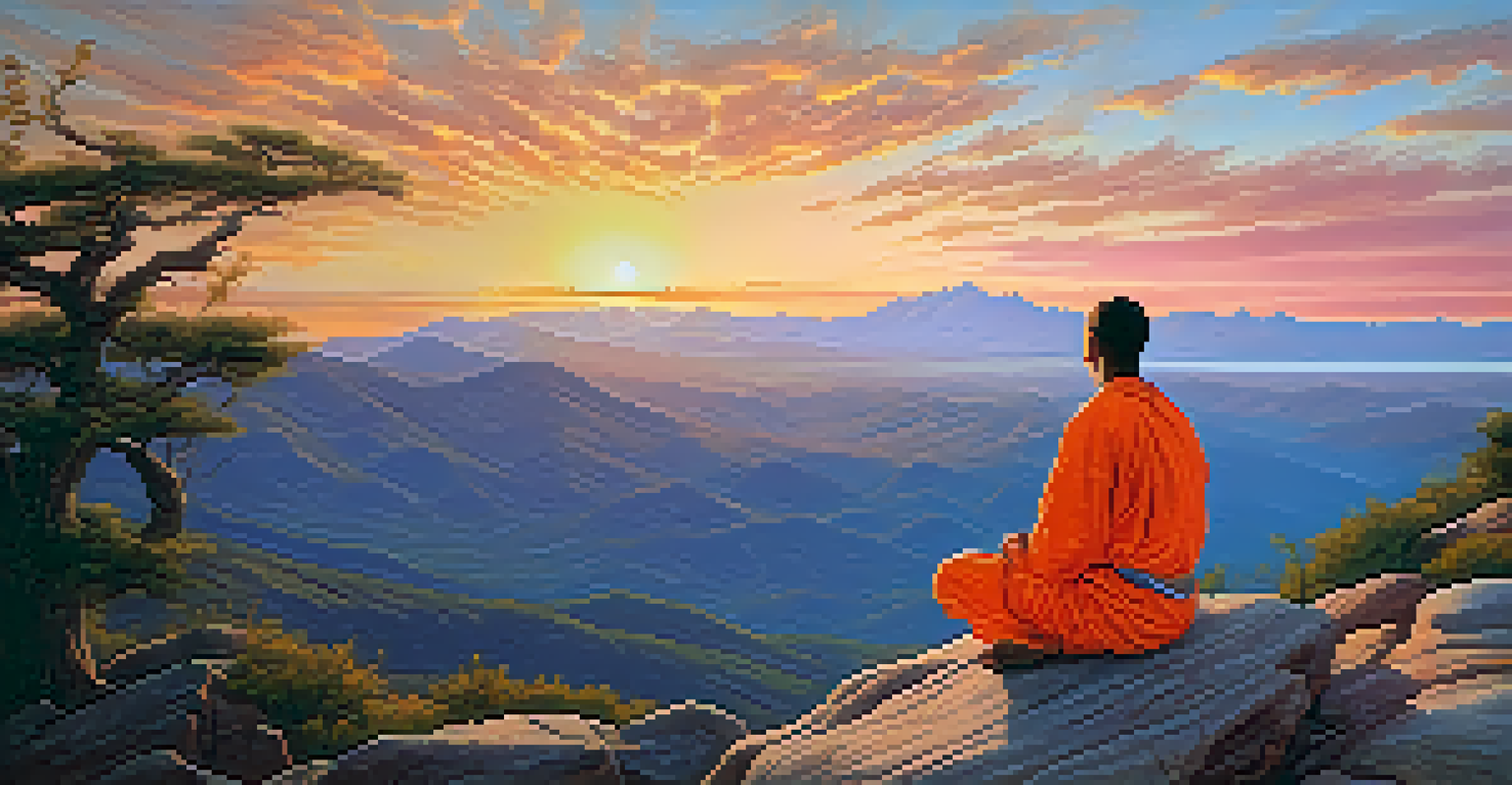 A person meditating on a mountain top during sunset, surrounded by beautiful views and a sky filled with warm orange and pink hues.