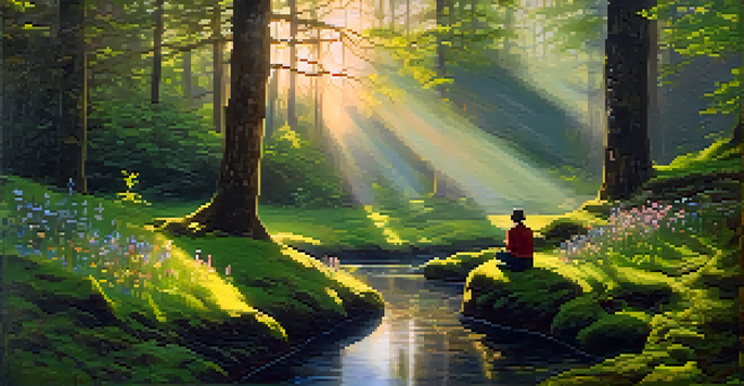 A peaceful forest scene at sunrise with a person meditating by a stream surrounded by wildflowers.