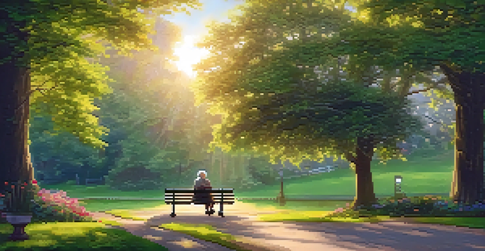 An elderly person sitting on a bench in a park, surrounded by flowers and trees, with soft sunlight creating a warm atmosphere.