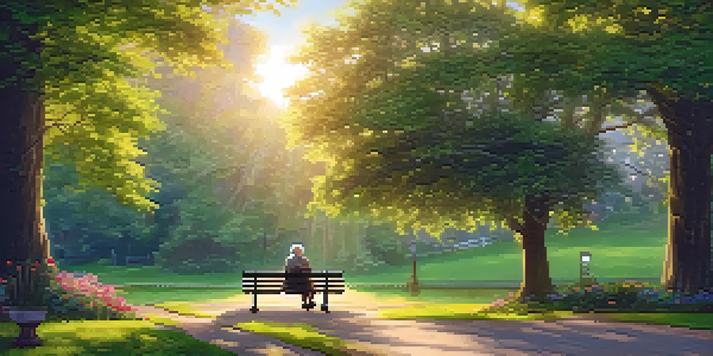 An elderly person sitting on a bench in a park, surrounded by flowers and trees, with soft sunlight creating a warm atmosphere.