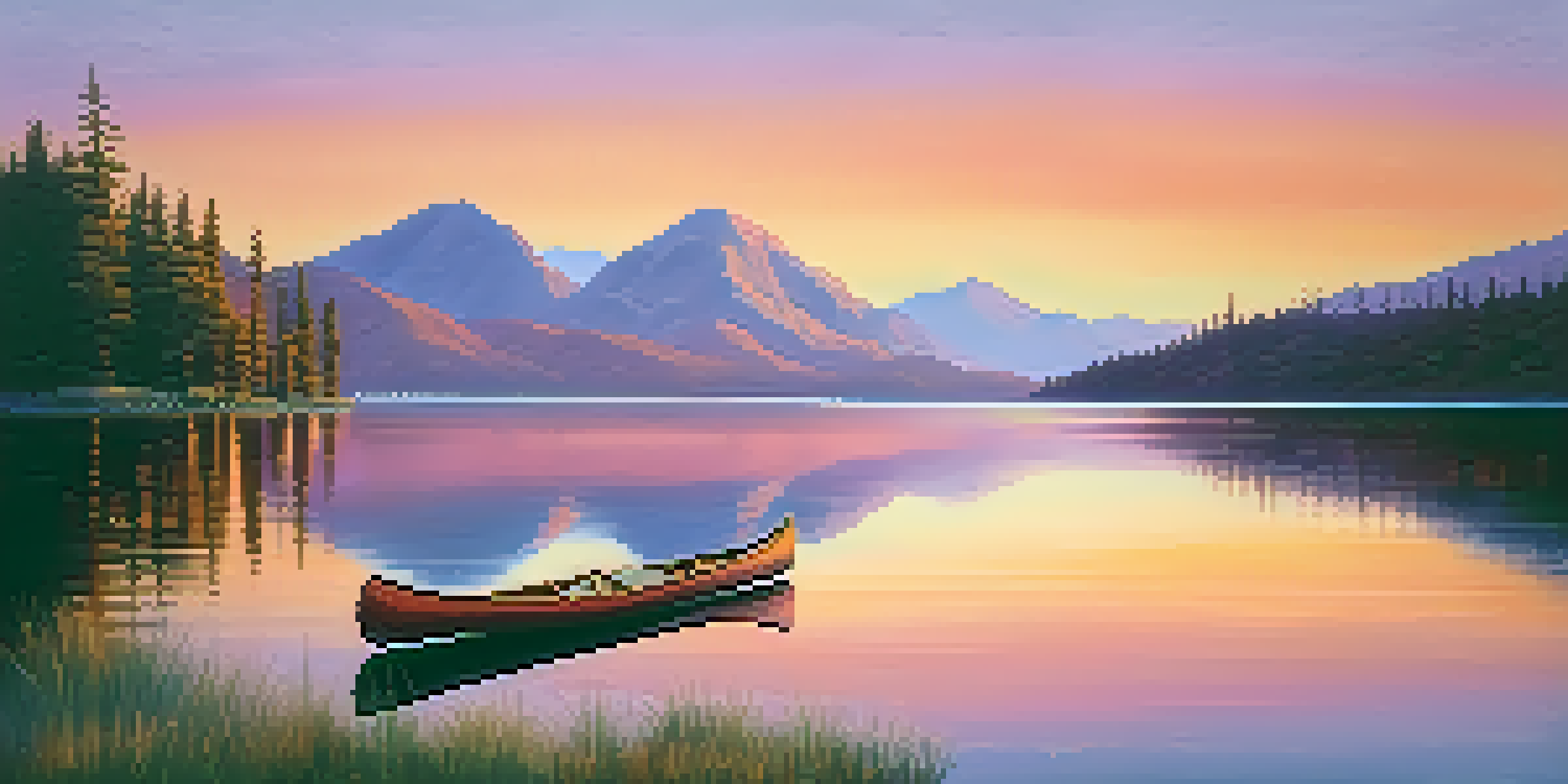 A peaceful sunset over a calm lake surrounded by mountains and lush trees, with a canoe floating on the water.