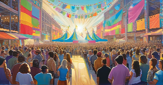 A lively folk music festival with musicians on stage and an enthusiastic crowd, adorned with colorful banners and psychedelic patterns.