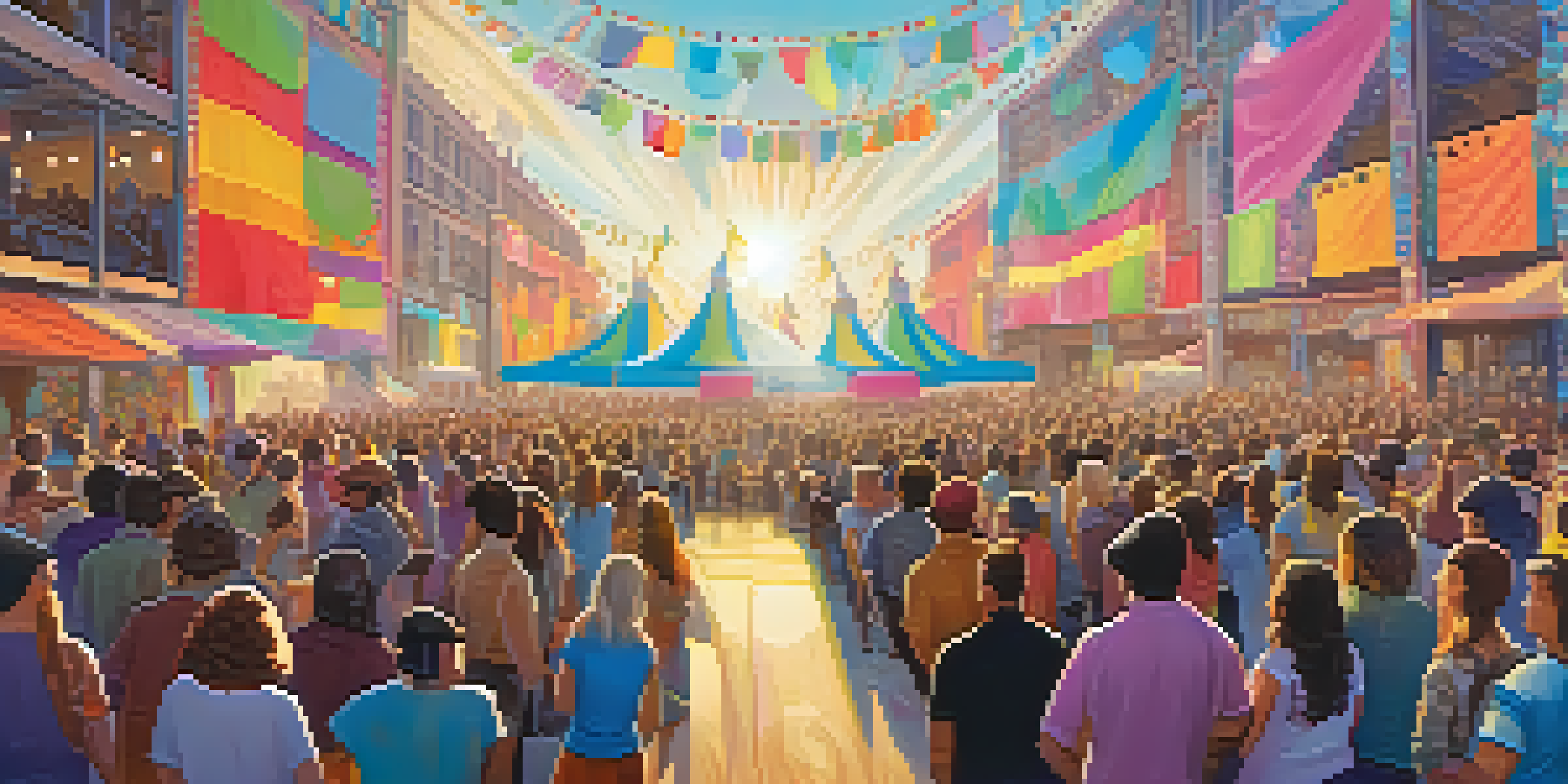 A lively folk music festival with musicians on stage and an enthusiastic crowd, adorned with colorful banners and psychedelic patterns.