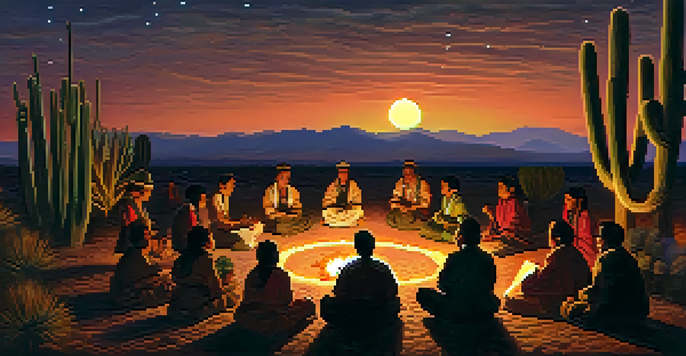 A tranquil peyote ceremony at dusk with participants around a fire and a starry sky.