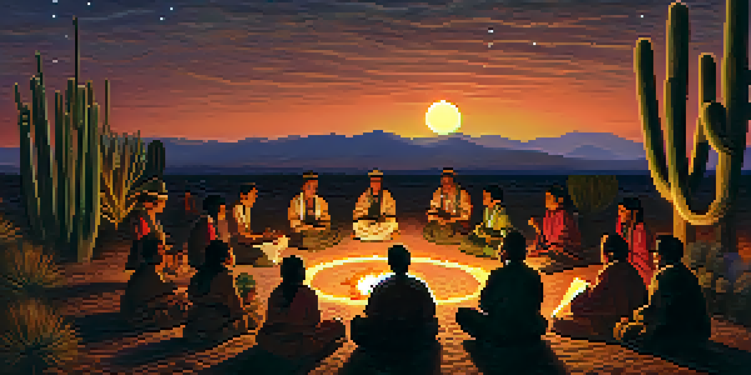 A tranquil peyote ceremony at dusk with participants around a fire and a starry sky.