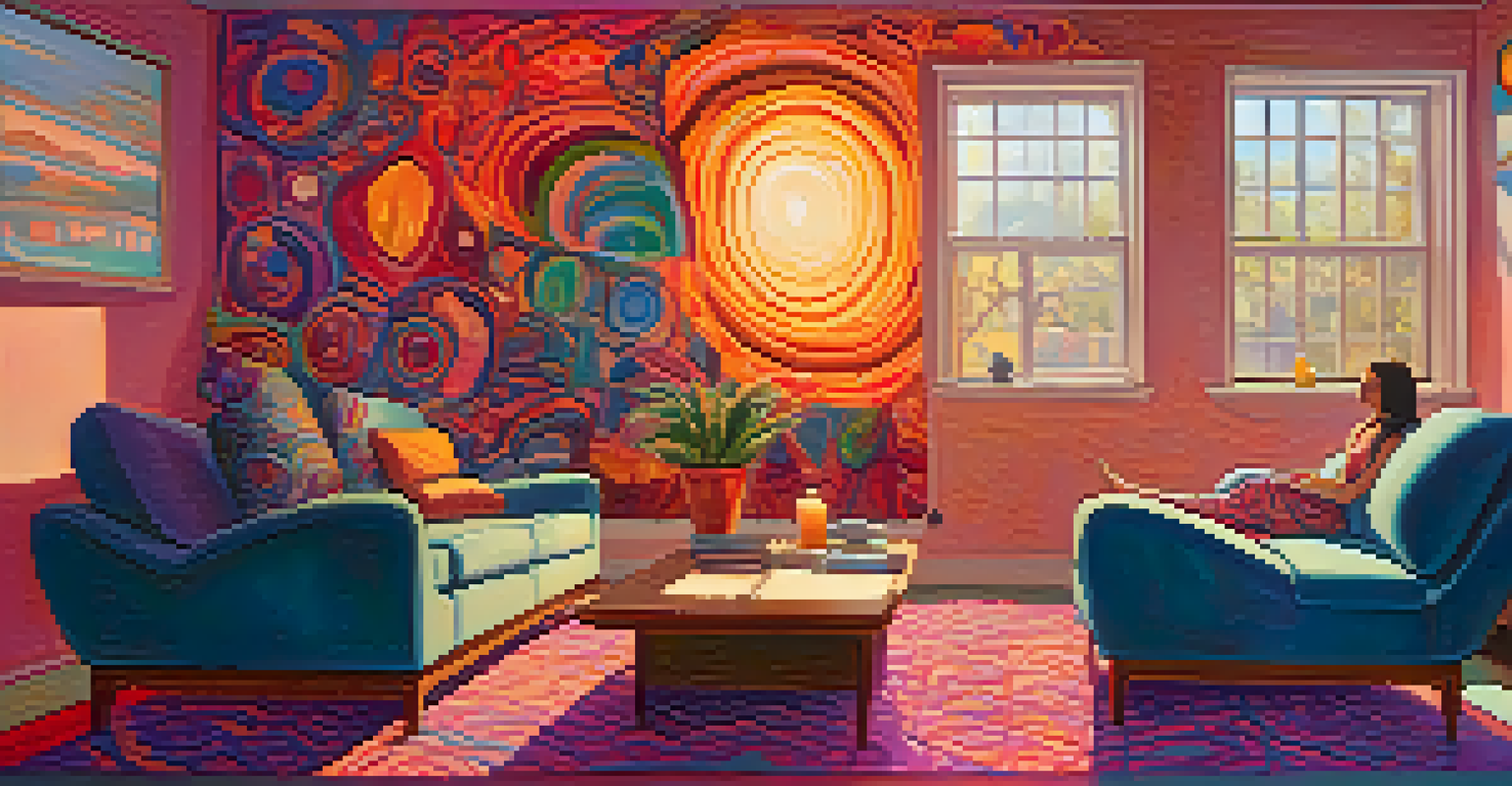 A patient in a cozy room during a guided psychedelic therapy session with warm lighting and colorful patterns.