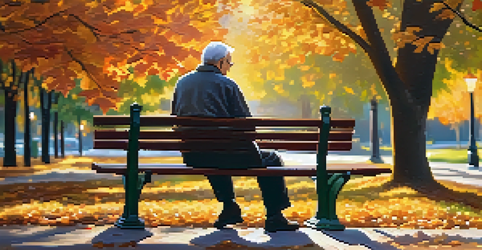 An older man sitting on a park bench surrounded by colorful autumn leaves, with a sunset in the background, looking peaceful and reflective.