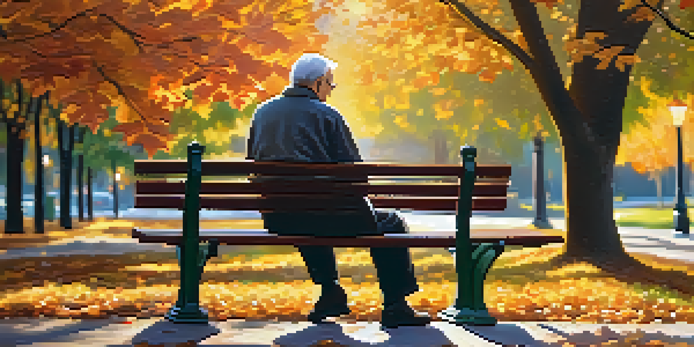 An older man sitting on a park bench surrounded by colorful autumn leaves, with a sunset in the background, looking peaceful and reflective.