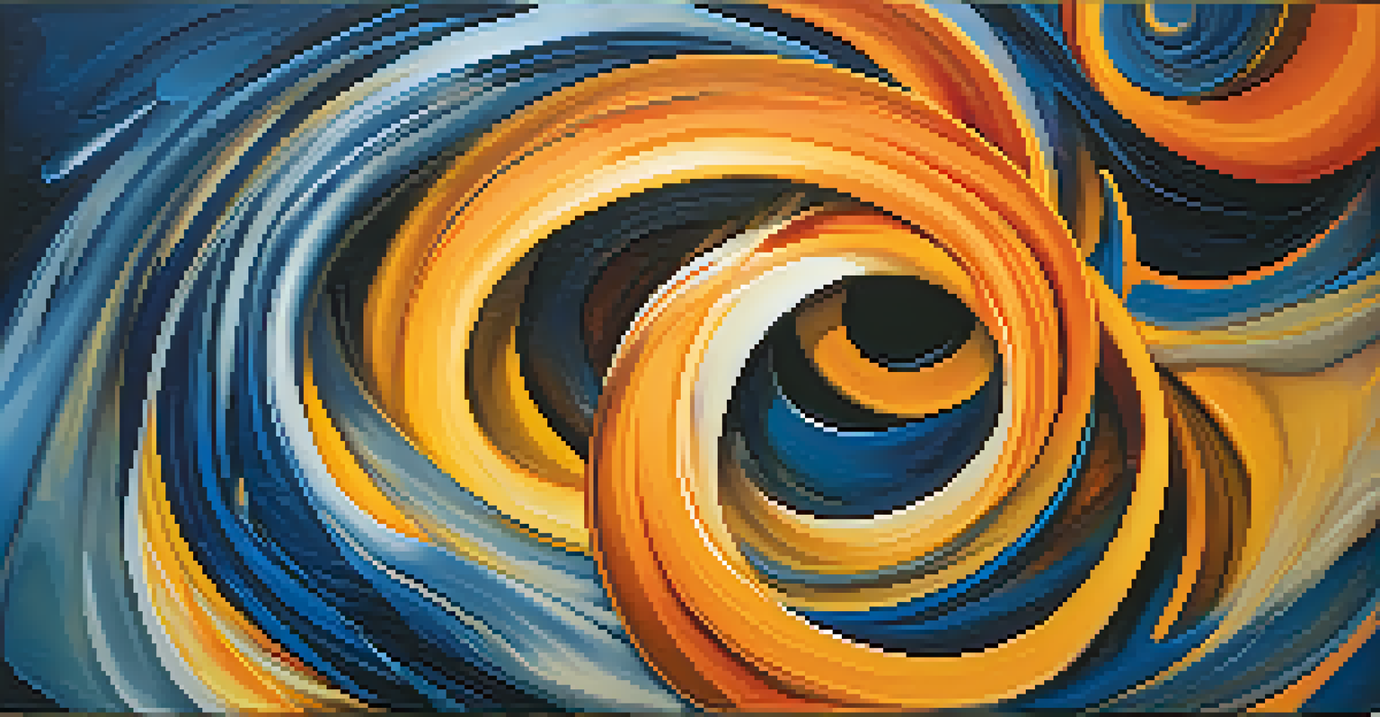 A colorful abstract image representing interconnectedness with swirling patterns of blue, orange, and yellow.