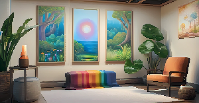 A calming therapy room with comfortable seating, soft dim lighting, and nature-themed artwork, designed for hallucinogen therapy.