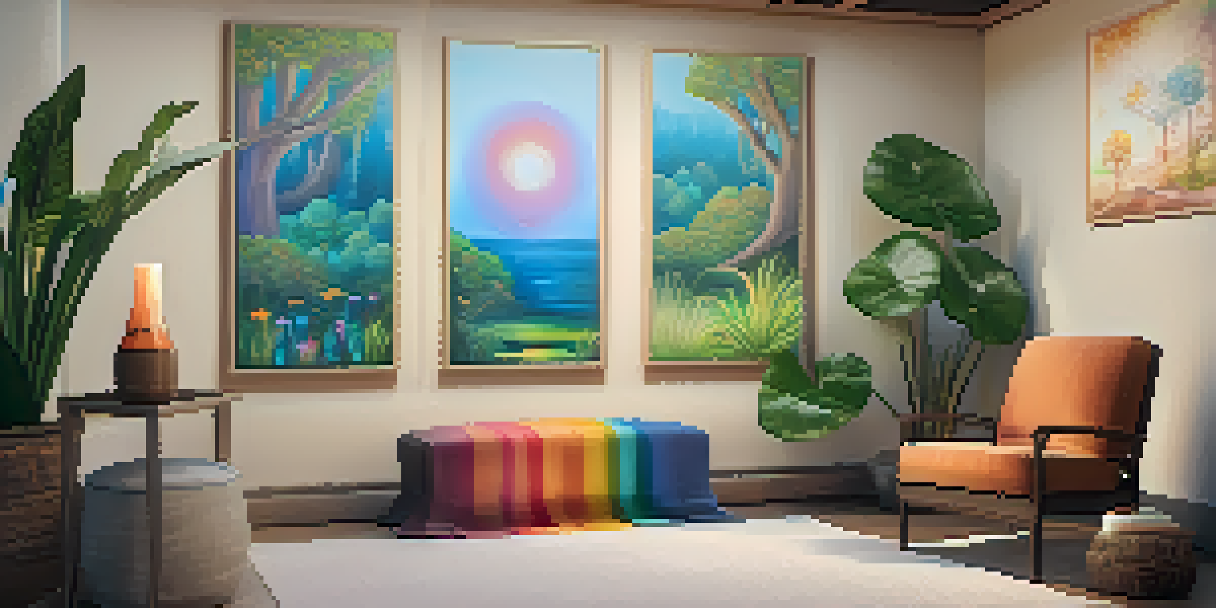 A calming therapy room with comfortable seating, soft dim lighting, and nature-themed artwork, designed for hallucinogen therapy.