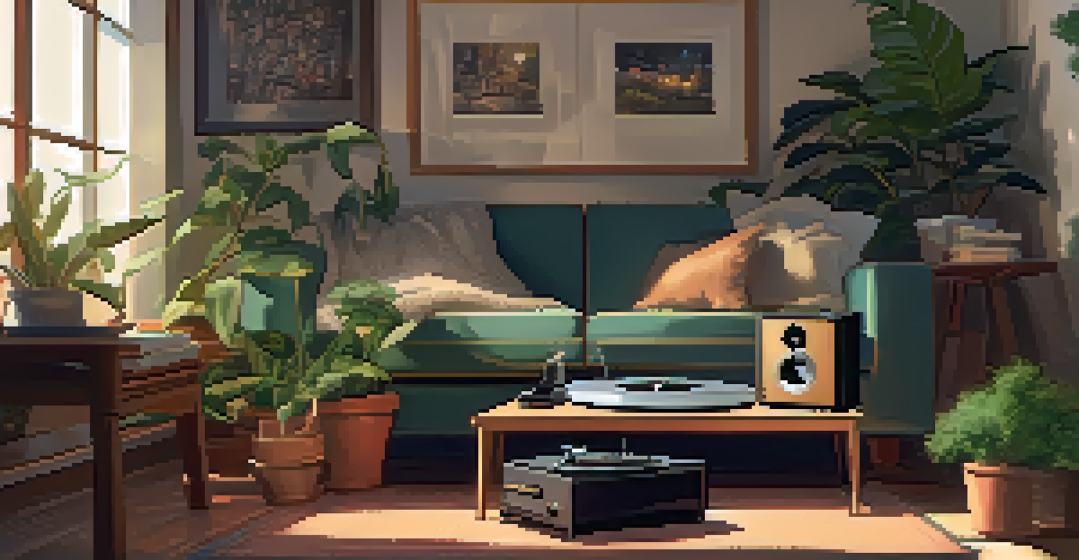 A cozy indoor space with a chair, plants, and a record player, all illuminated by warm ambient lighting.