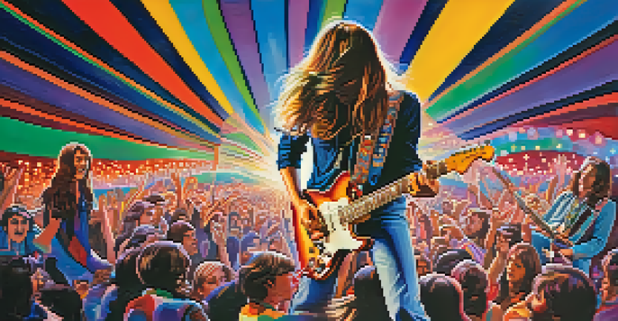 A lively 1960s rock band performing on stage with colorful lights and abstract art in the background.