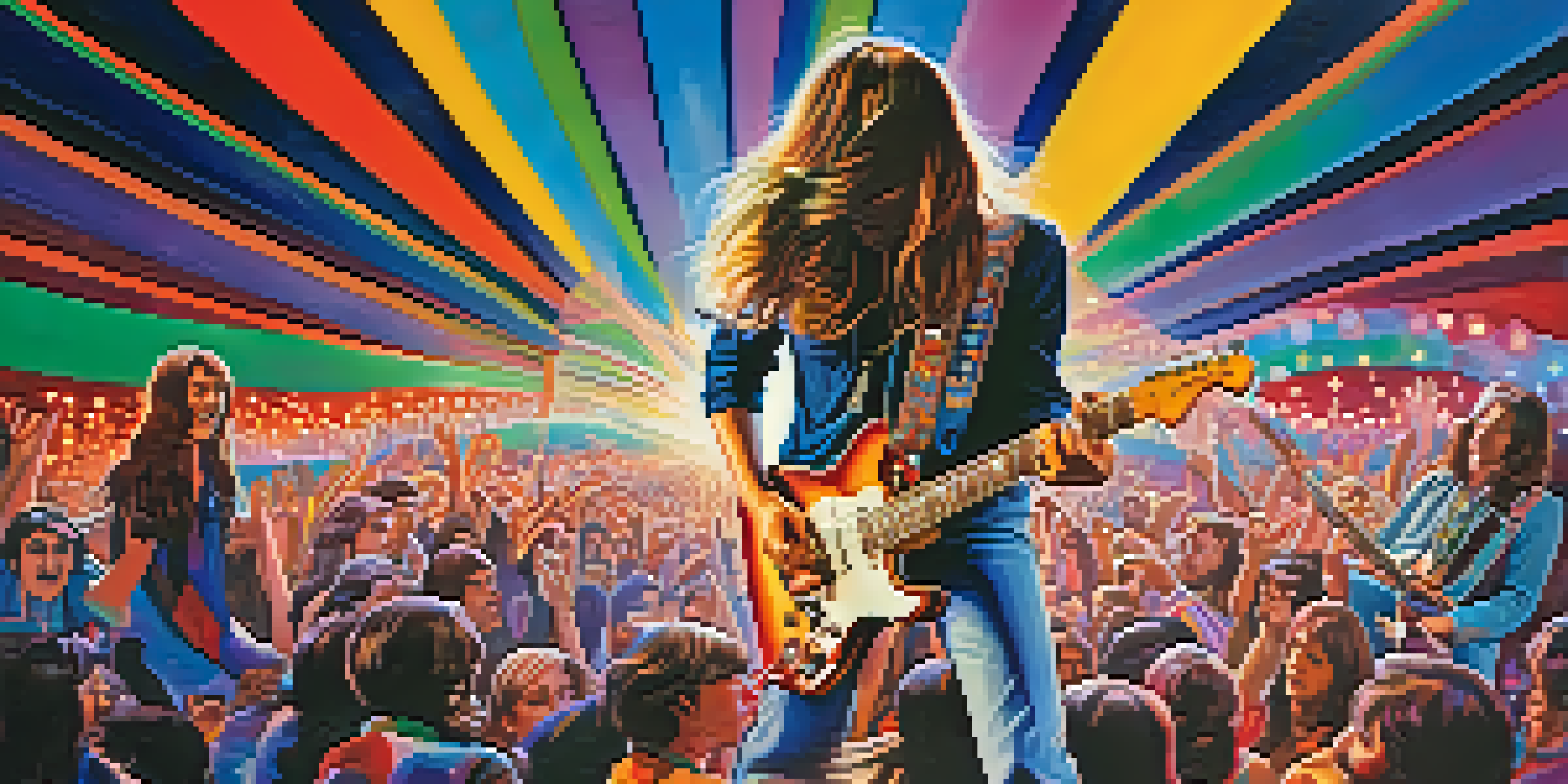 A lively 1960s rock band performing on stage with colorful lights and abstract art in the background.