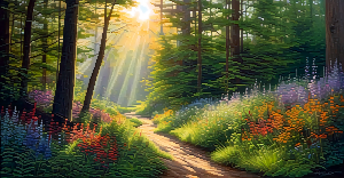 A peaceful forest with sunlight filtering through the trees and colorful wildflowers along a winding path.