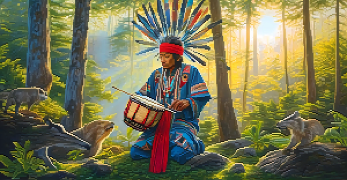 A shaman in traditional attire performing a ritual in a serene forest at dawn, with sunlight filtering through the trees.