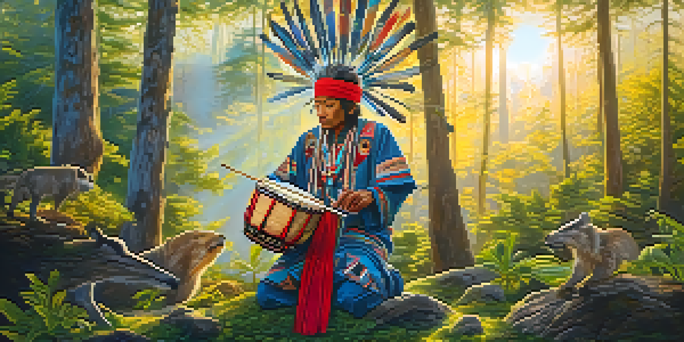 A shaman in traditional attire performing a ritual in a serene forest at dawn, with sunlight filtering through the trees.