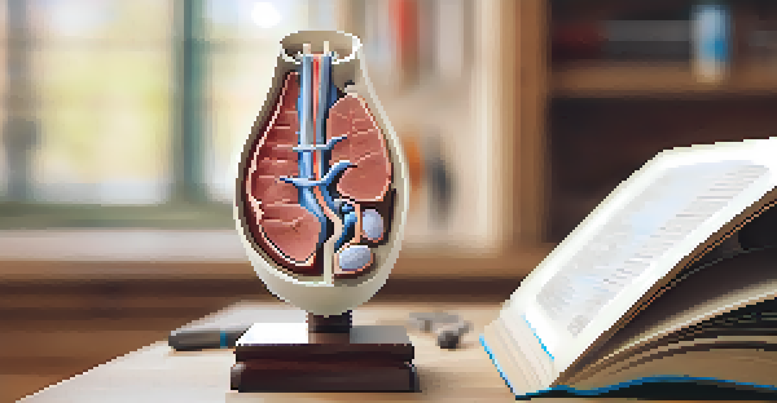 A detailed close-up of a thyroid gland model on a wooden table in a medical workspace.