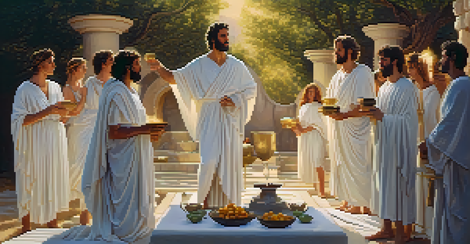 Participants in ancient Greece's Eleusinian Mysteries, gathered around a sacred altar with goblets, surrounded by nature and soft golden light.
