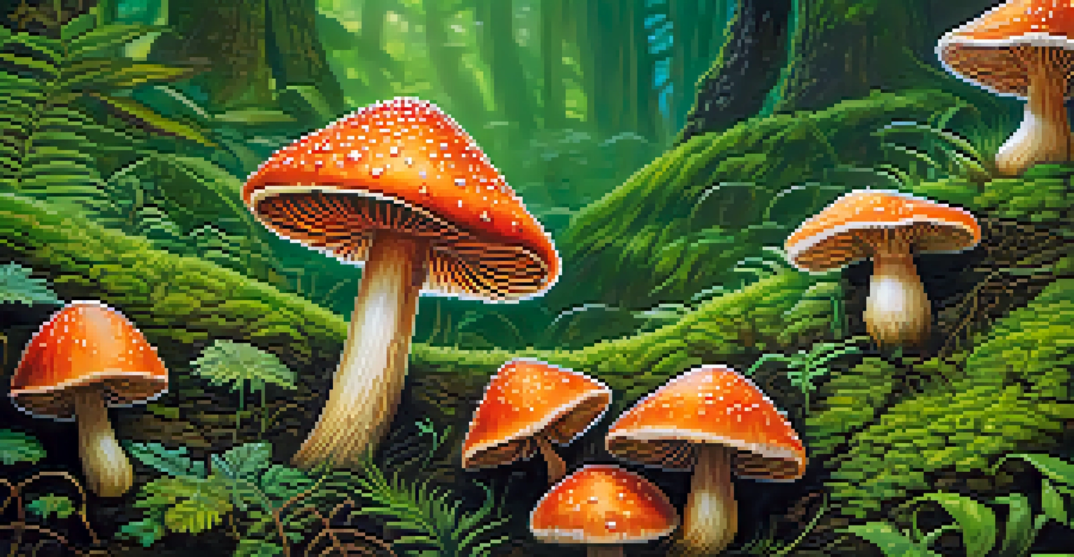 A vibrant psychedelic mushroom with intricate details in a green environment.