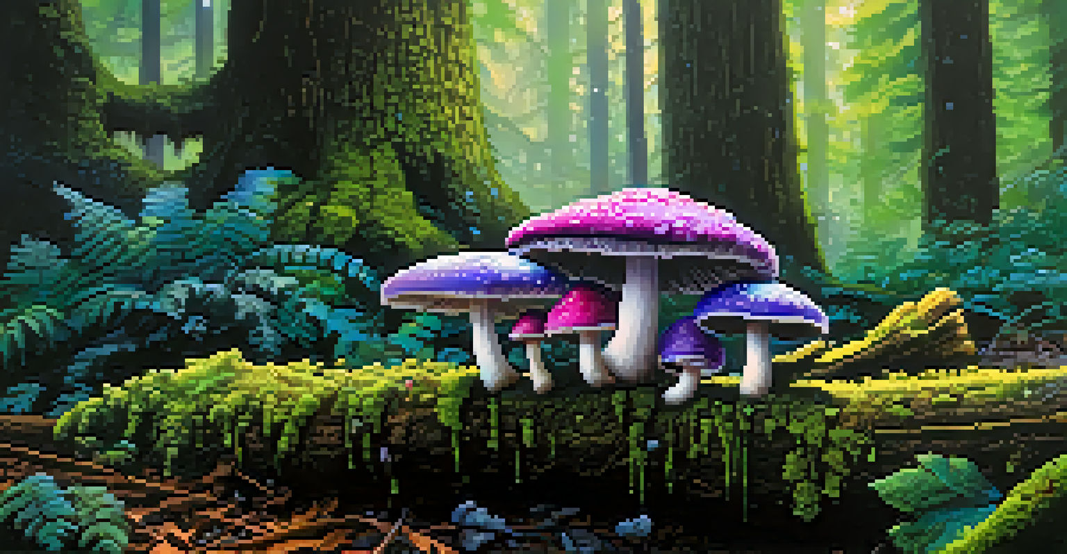 Close-up of vibrant psychedelic mushrooms growing on a mossy log in a lush forest, with raindrops glistening on them.
