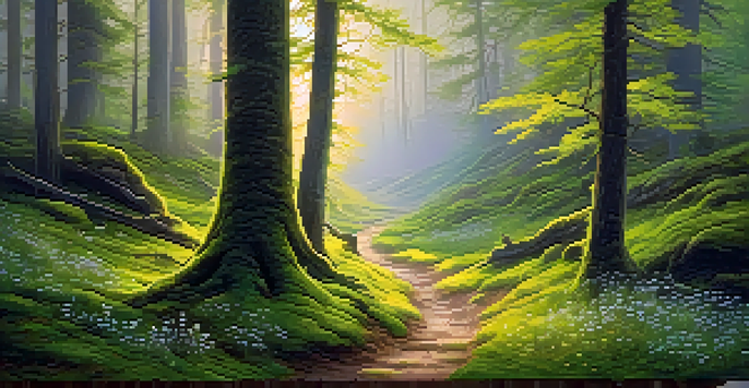 A tranquil forest path at dawn, illuminated by soft golden light with green moss and wildflowers.