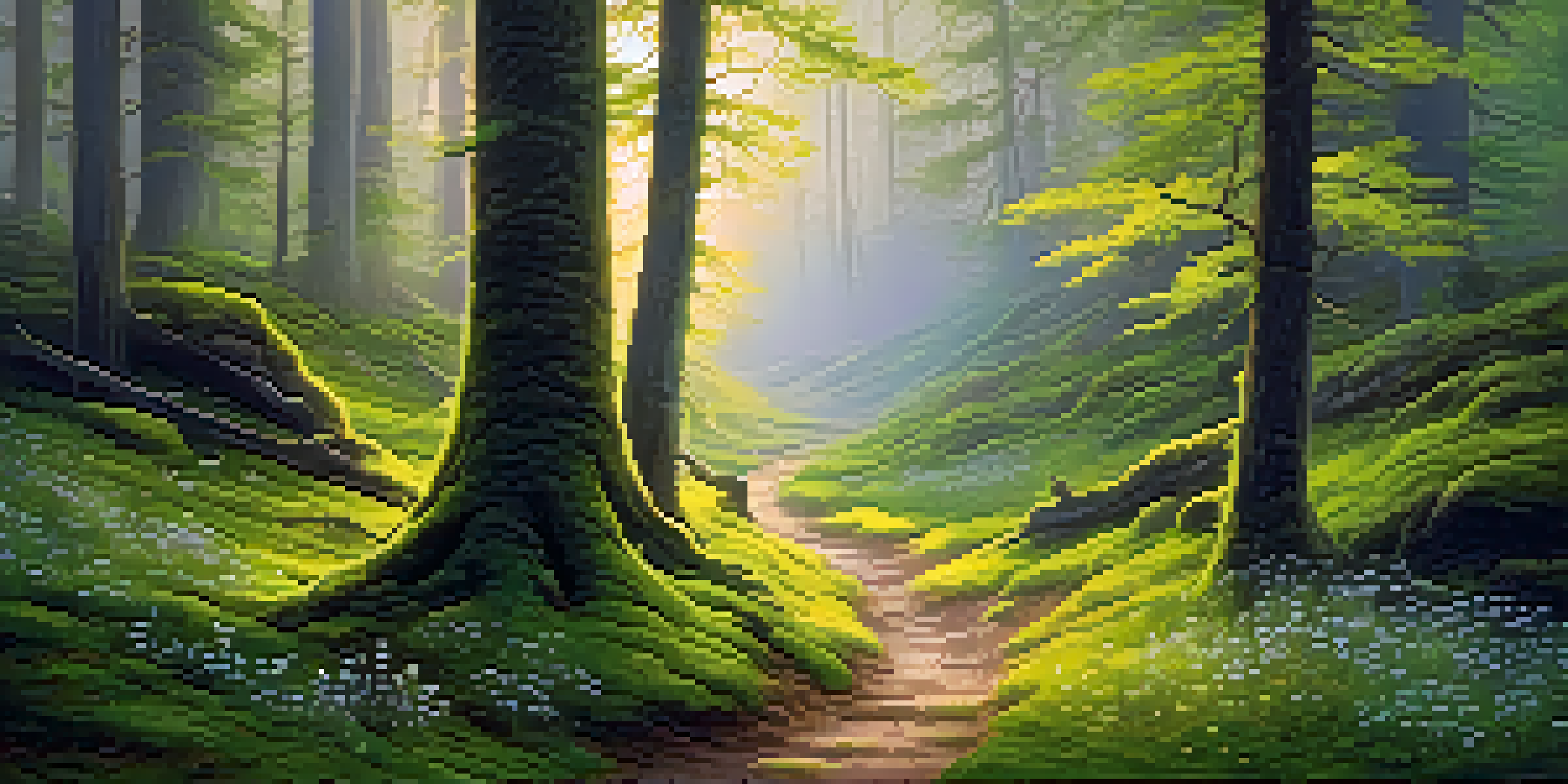 A tranquil forest path at dawn, illuminated by soft golden light with green moss and wildflowers.