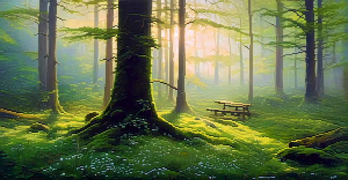 A peaceful forest at dawn with mist, soft golden light, ancient trees, and a blank canvas on an easel surrounded by green moss and wildflowers.