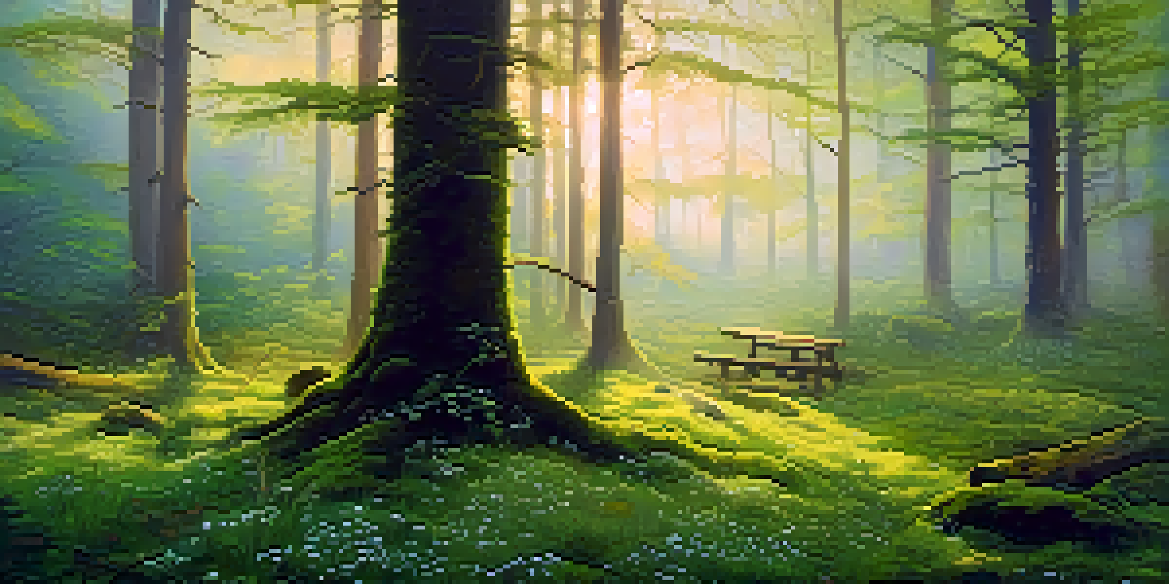 A peaceful forest at dawn with mist, soft golden light, ancient trees, and a blank canvas on an easel surrounded by green moss and wildflowers.