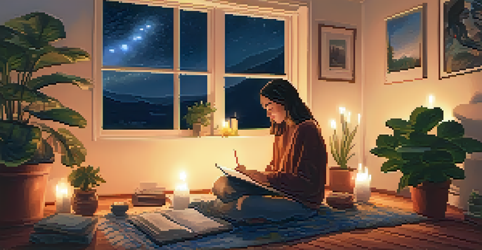 A calming room with a person writing in a journal, surrounded by plants and a starry night view.