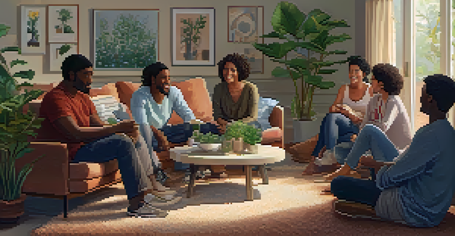 A diverse group of people sitting in a circle in a cozy living room, sharing a compassionate conversation.