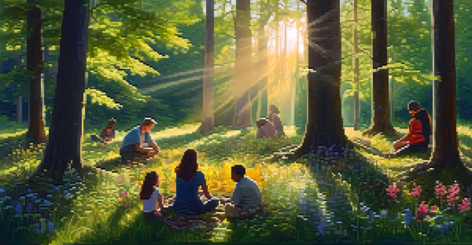 A peaceful forest with sunlight filtering through the trees, where a diverse group of people sits in a circle, meditating among wildflowers.