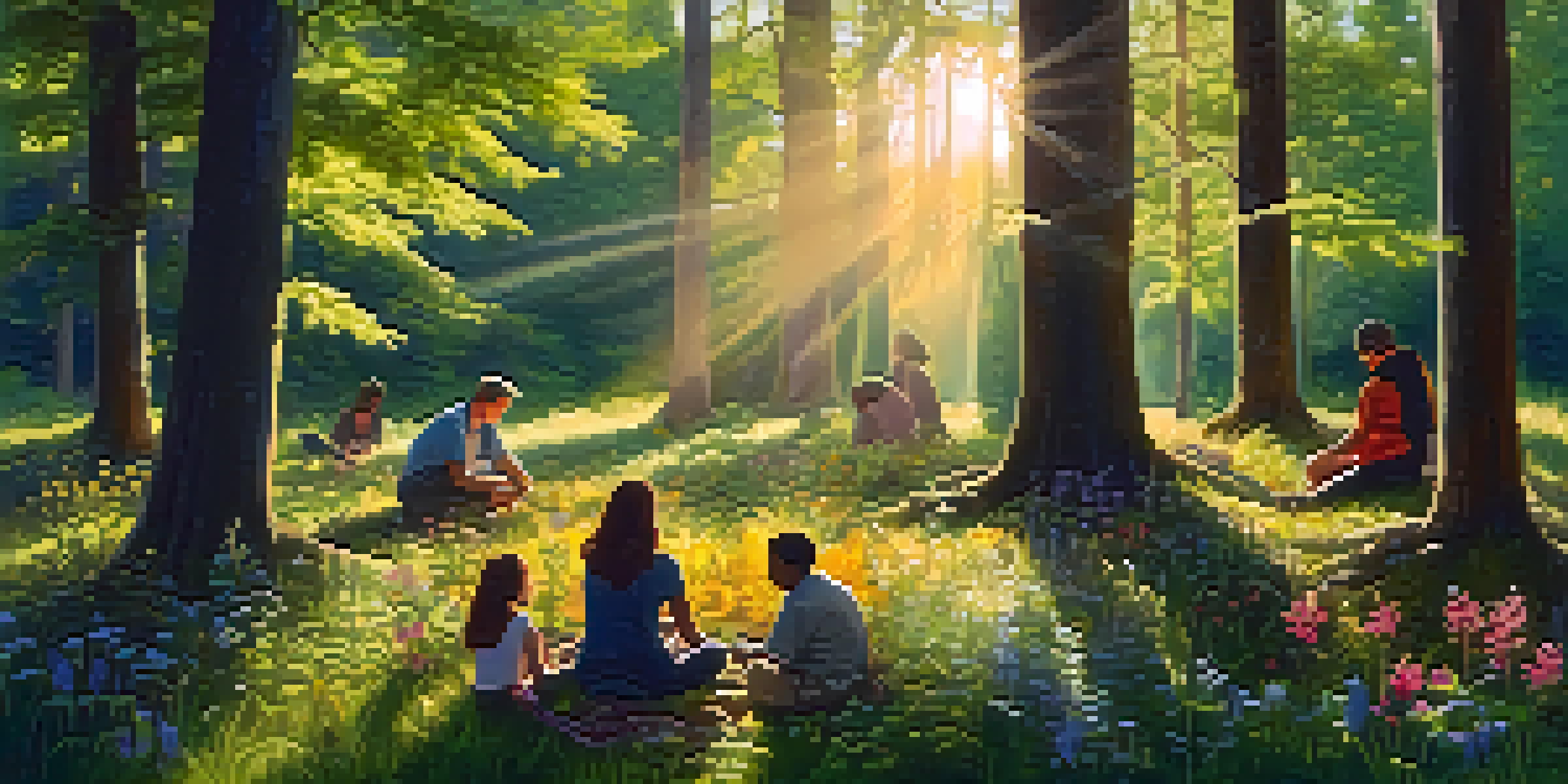 A peaceful forest with sunlight filtering through the trees, where a diverse group of people sits in a circle, meditating among wildflowers.