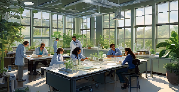 A diverse group of researchers discussing in a bright laboratory filled with scientific materials and diagrams.