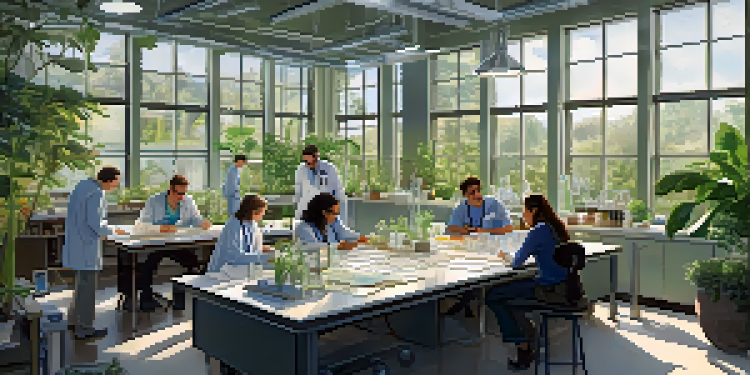 A diverse group of researchers discussing in a bright laboratory filled with scientific materials and diagrams.