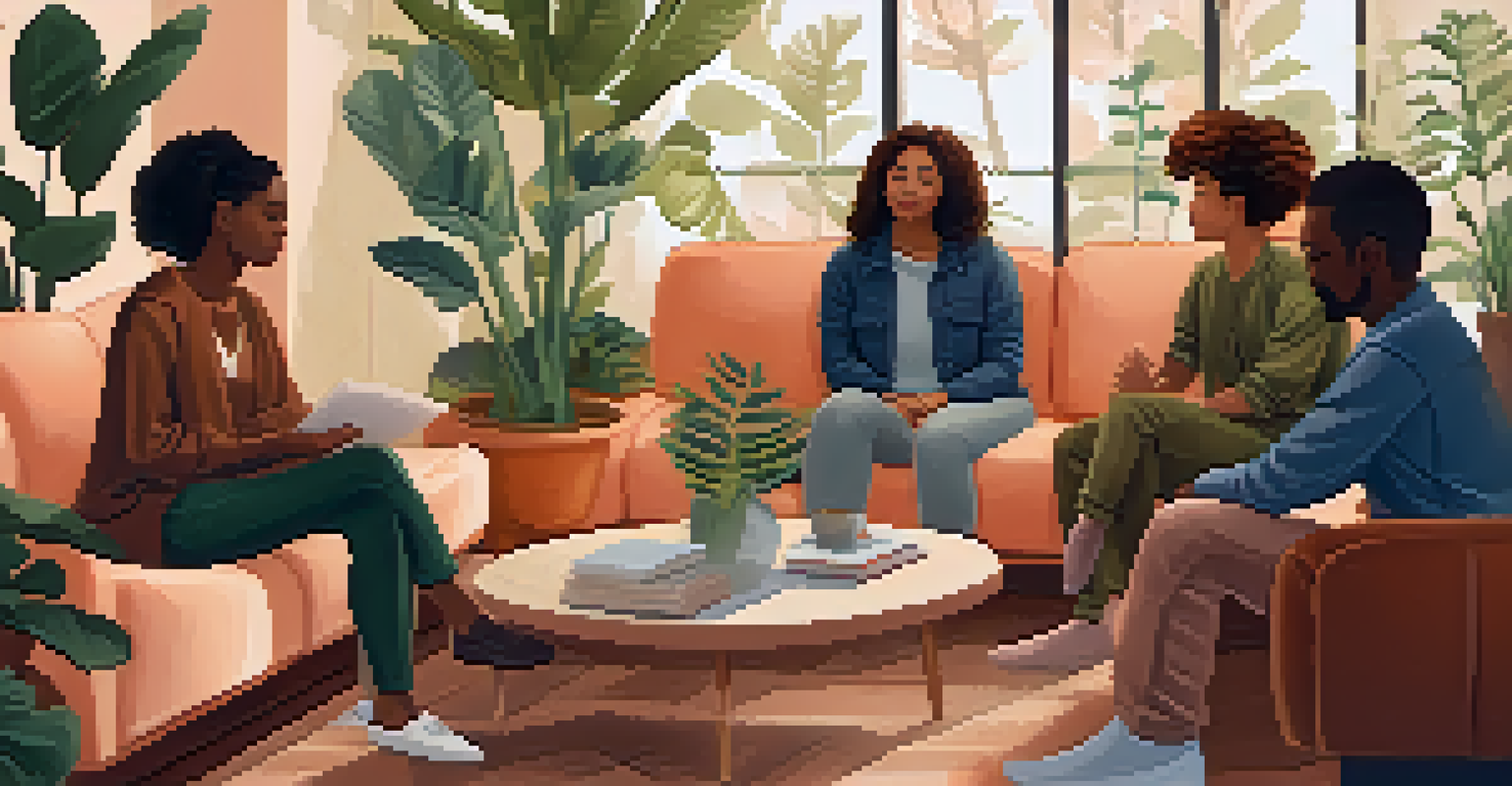 A group of diverse individuals engaged in mindfulness practices in a supportive therapy setting.