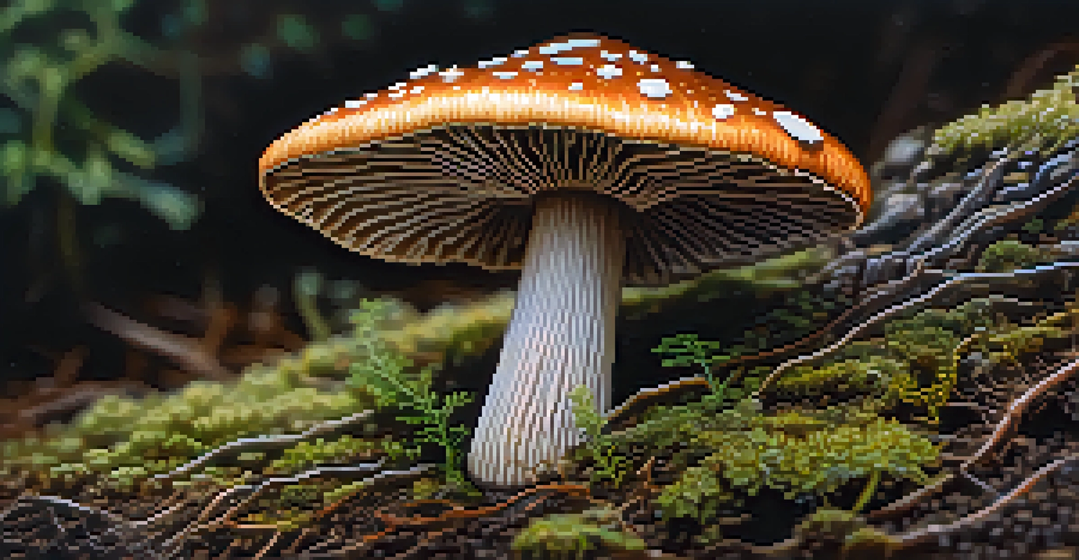 A detailed close-up of a psilocybin mushroom on soil, with soft lighting emphasizing its features.