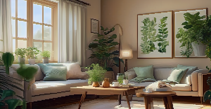 A cozy indoor space with warm lighting, cushions, a tea table, and nature-themed artworks.