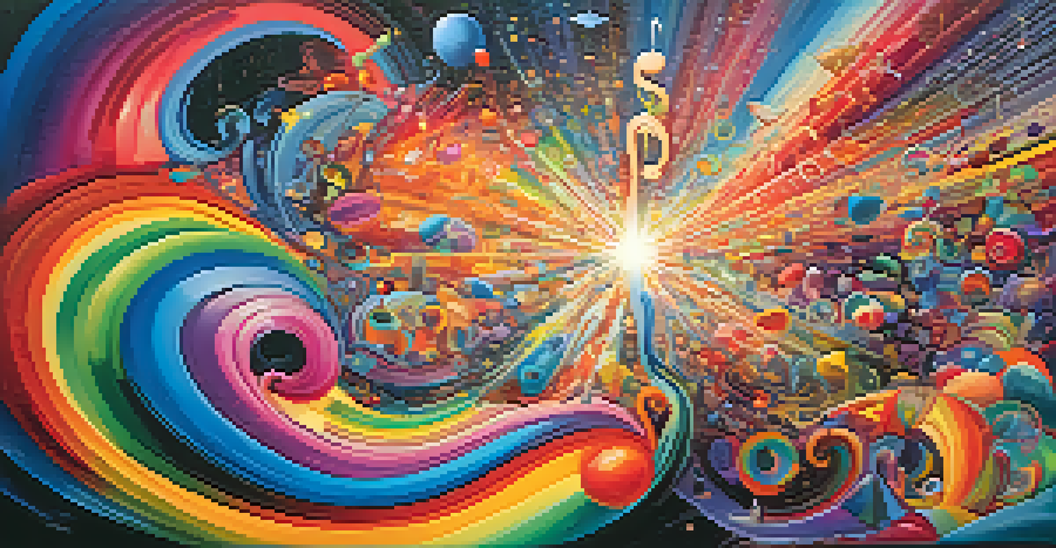 An abstract image with vibrant colors and shapes representing emotions during psychedelic therapy, with musical notes and a transition from dark to light.