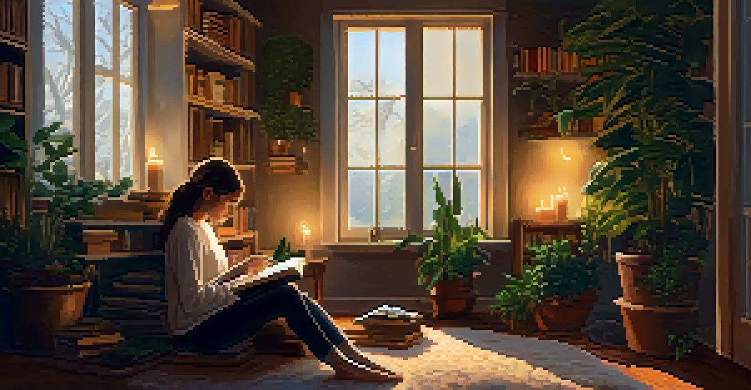 A cozy candlelit room with plants and books, featuring a person journaling on a soft rug, illuminated by warm candlelight.