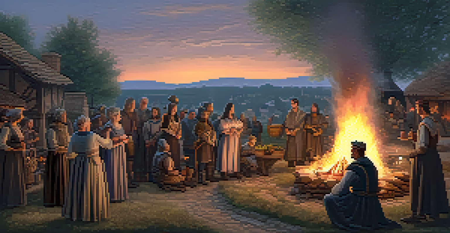 A medieval village scene with villagers around a bonfire engaging in a ritual under a starry sky.