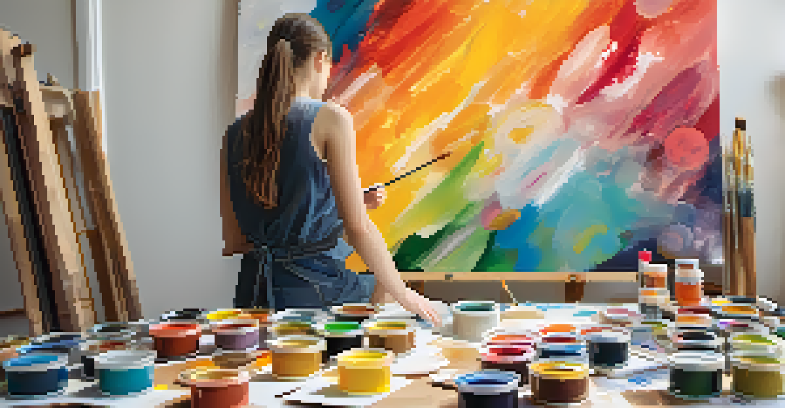 A person painting on a canvas in a sunlit studio, surrounded by colorful paints and brushes, creating expressive art.