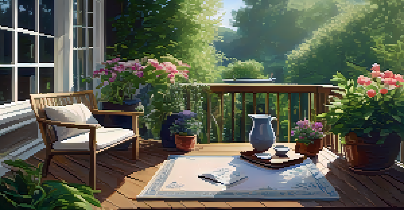 A peaceful meditation space with a plush rug, plants, and a table with tea and a journal.