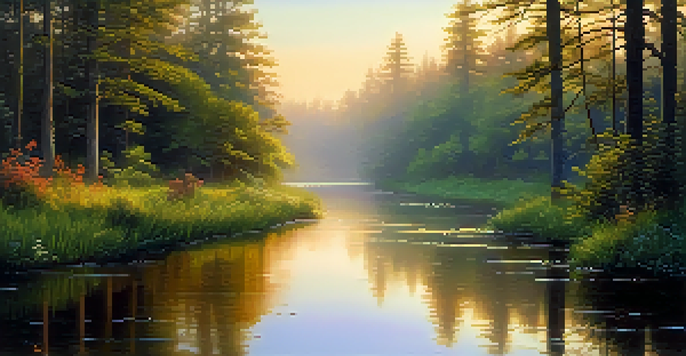 A tranquil forest landscape at dawn with a misty atmosphere, sunlight filtering through trees, and a calm river reflecting the sunrise.